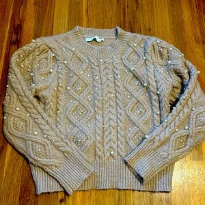 Astr the label oearl embellished taupe sweater size large